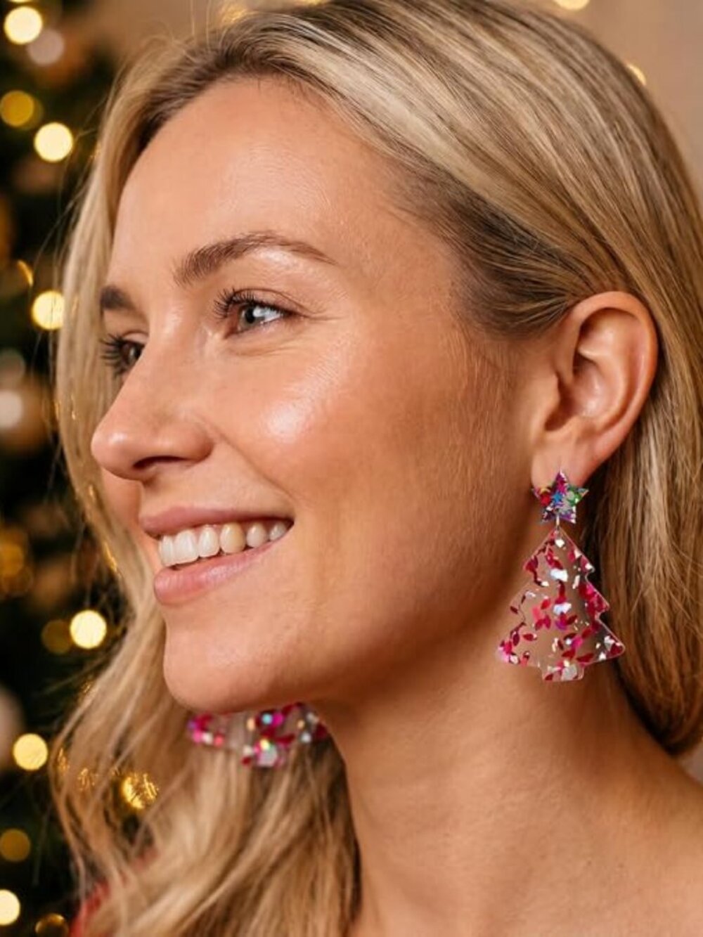 Pink Christmas Tree Dangle Earrings – Acrylic Holiday Jewelry